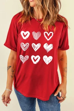 Discount Dear-Lover Red Diverse Heart Printed Crewneck Valentines Tee Red-2
