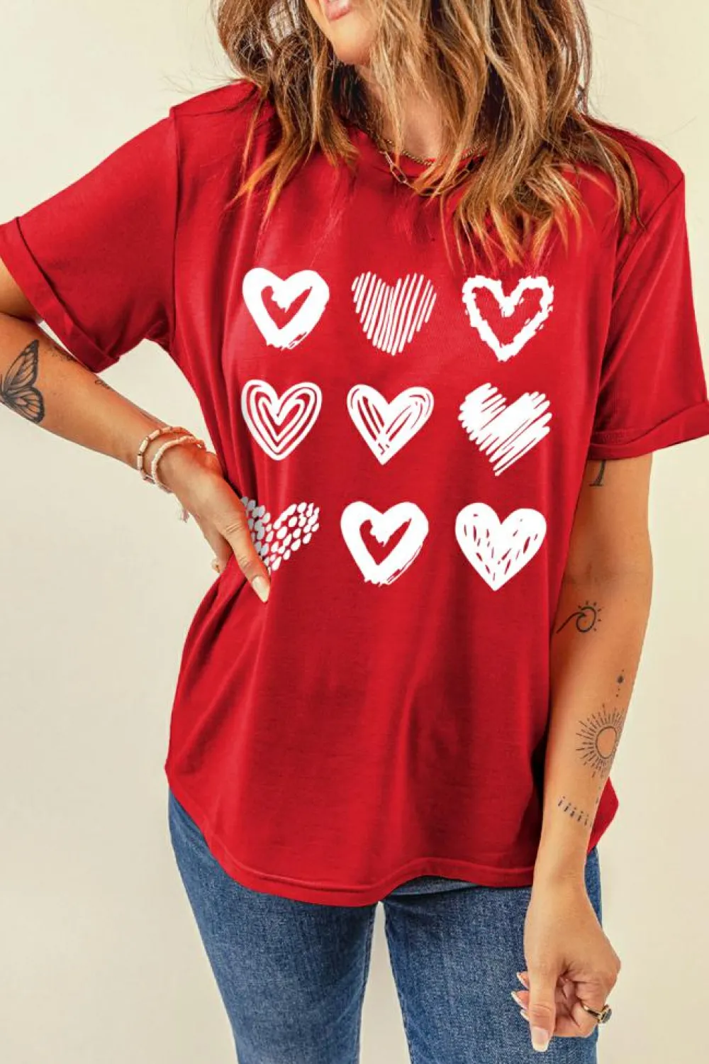 Discount Dear-Lover Red Diverse Heart Printed Crewneck Valentines Tee Red-2