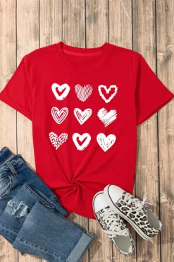 Discount Dear-Lover Red Diverse Heart Printed Crewneck Valentines Tee Red-2