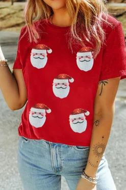 Best Dear-Lover Red Faux Sequin Christmas Claus Pattern Crewneck T Shirt Red-2