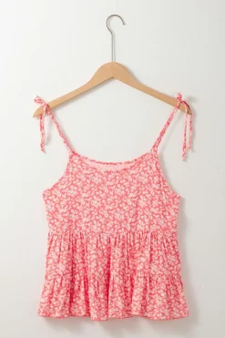 Clearance Dear-Lover Floral Adjustable Straps Babydoll Tank Top Red