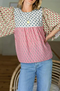 Fashion Dear-Lover Floral Colorblock Flutter Cape Style Sleeves Blouse Red