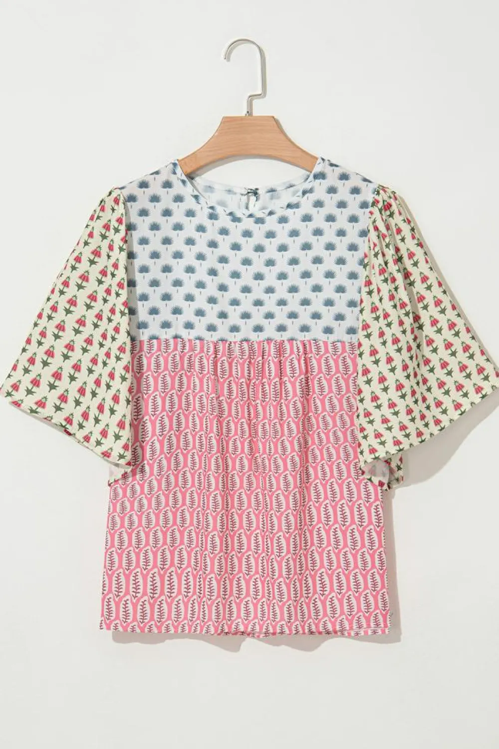 Fashion Dear-Lover Floral Colorblock Flutter Cape Style Sleeves Blouse Red