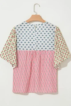 Fashion Dear-Lover Floral Colorblock Flutter Cape Style Sleeves Blouse Red