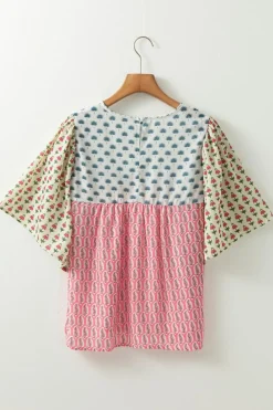 Fashion Dear-Lover Floral Colorblock Flutter Cape Style Sleeves Blouse Red