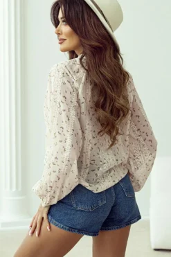 Sale Dear-Lover Floral Embroide Lace Bubble Sleeve Shirt Red