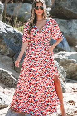 Sale Dear-Lover Floral Half Sleeve Deep V Neck Cutout Back Split Maxi Dress Red