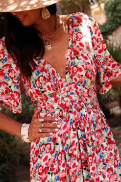 Sale Dear-Lover Floral Half Sleeve Deep V Neck Cutout Back Split Maxi Dress Red
