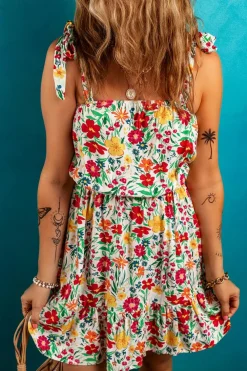 Online Dear-Lover Floral Knotted Straps Cinched Waist Ruffle Hem Mini Dress Red