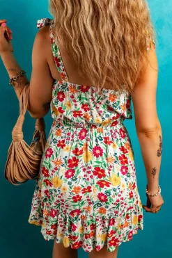 Online Dear-Lover Floral Knotted Straps Cinched Waist Ruffle Hem Mini Dress Red