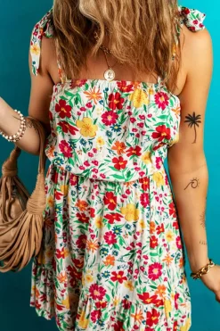 Online Dear-Lover Floral Knotted Straps Cinched Waist Ruffle Hem Mini Dress Red