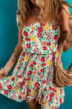 Online Dear-Lover Floral Knotted Straps Cinched Waist Ruffle Hem Mini Dress Red