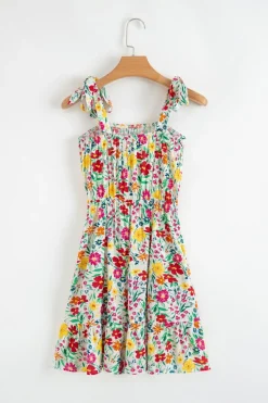 Online Dear-Lover Floral Knotted Straps Cinched Waist Ruffle Hem Mini Dress Red