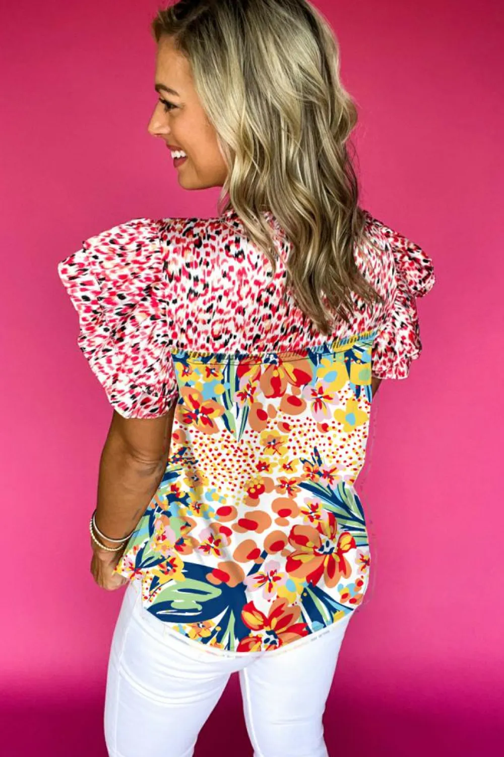 Outlet Dear-Lover Floral Mixed Print Ruffle Cap Sleeve Blouse Red