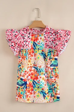 Outlet Dear-Lover Floral Mixed Print Ruffle Cap Sleeve Blouse Red