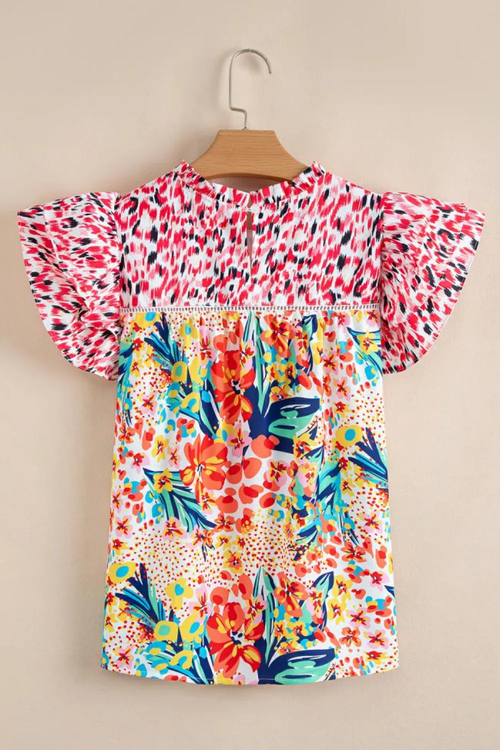 Outlet Dear-Lover Floral Mixed Print Ruffle Cap Sleeve Blouse Red