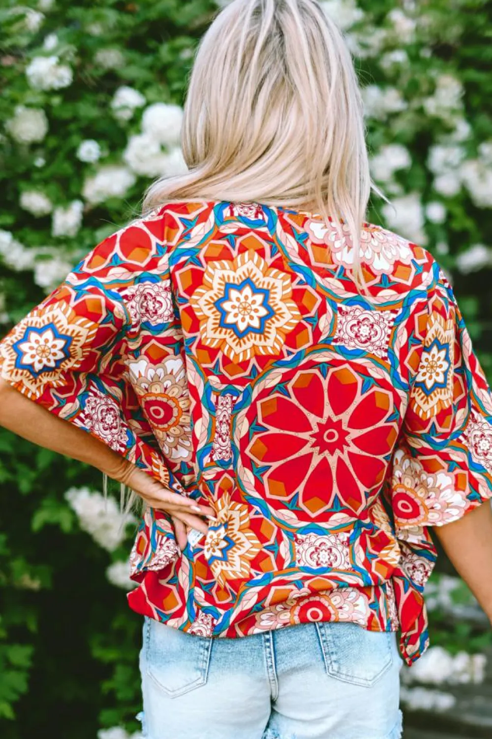 Clearance Dear-Lover Floral Print Batwing Sleeve V Neck Blouse Red