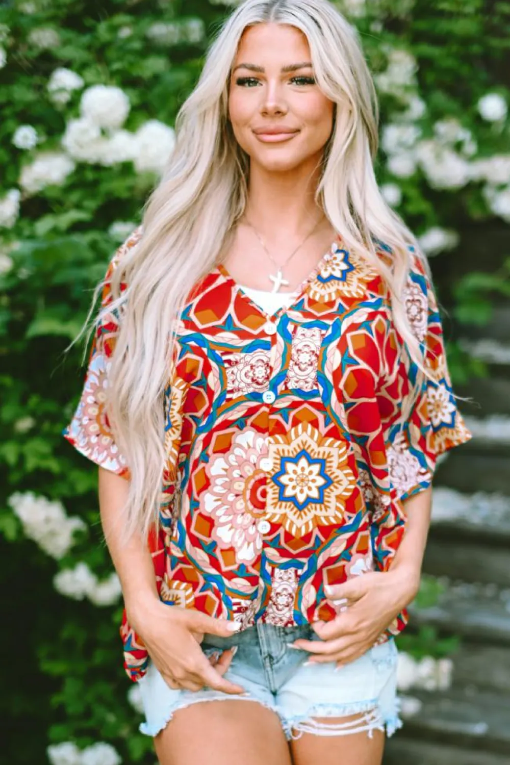 Clearance Dear-Lover Floral Print Batwing Sleeve V Neck Blouse Red