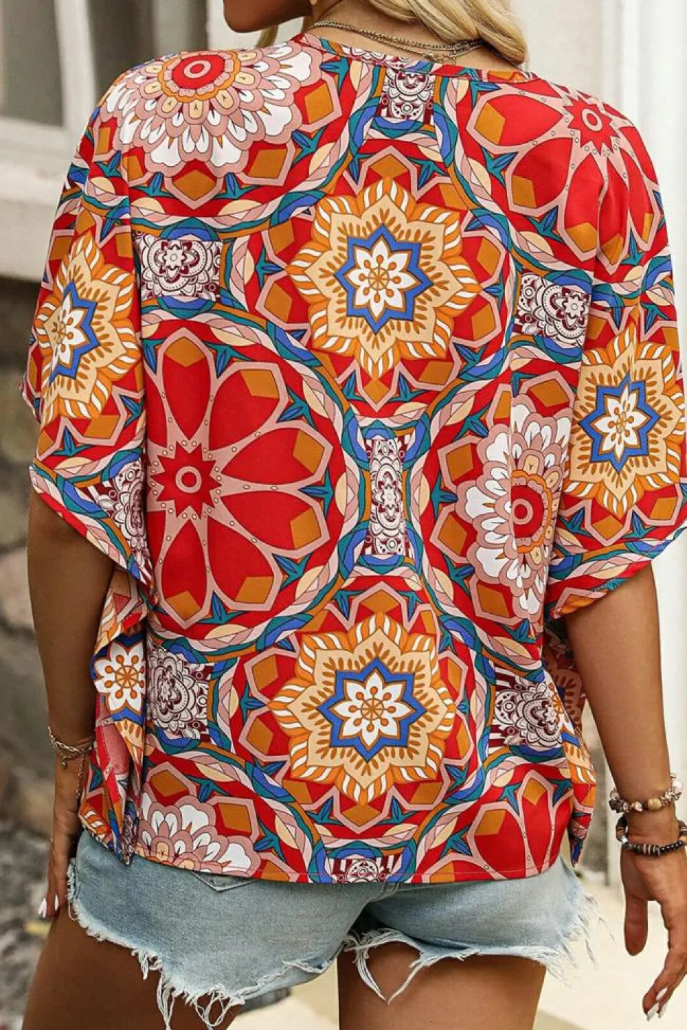 Clearance Dear-Lover Floral Print Batwing Sleeve V Neck Blouse Red