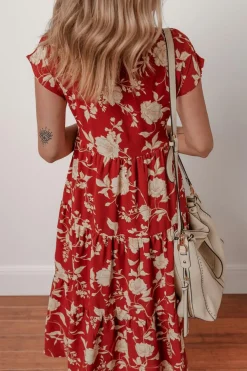 Online Dear-Lover Floral Print Buttoned Front V Neck Tie Short Sleeve Midi Dress Red