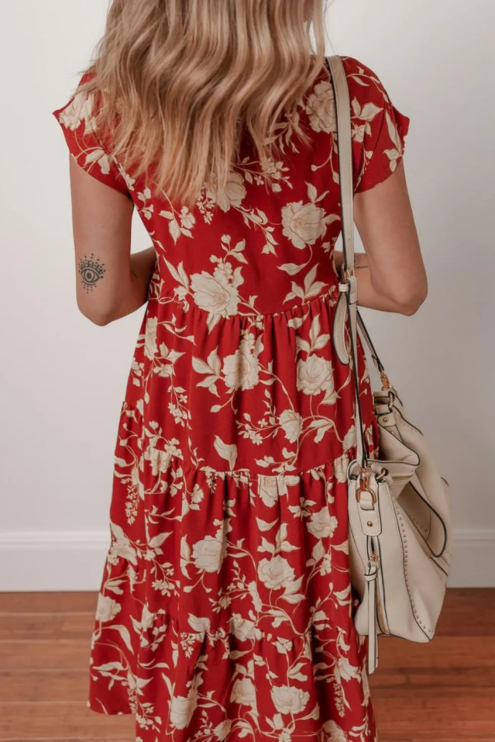 Online Dear-Lover Floral Print Buttoned Front V Neck Tie Short Sleeve Midi Dress Red