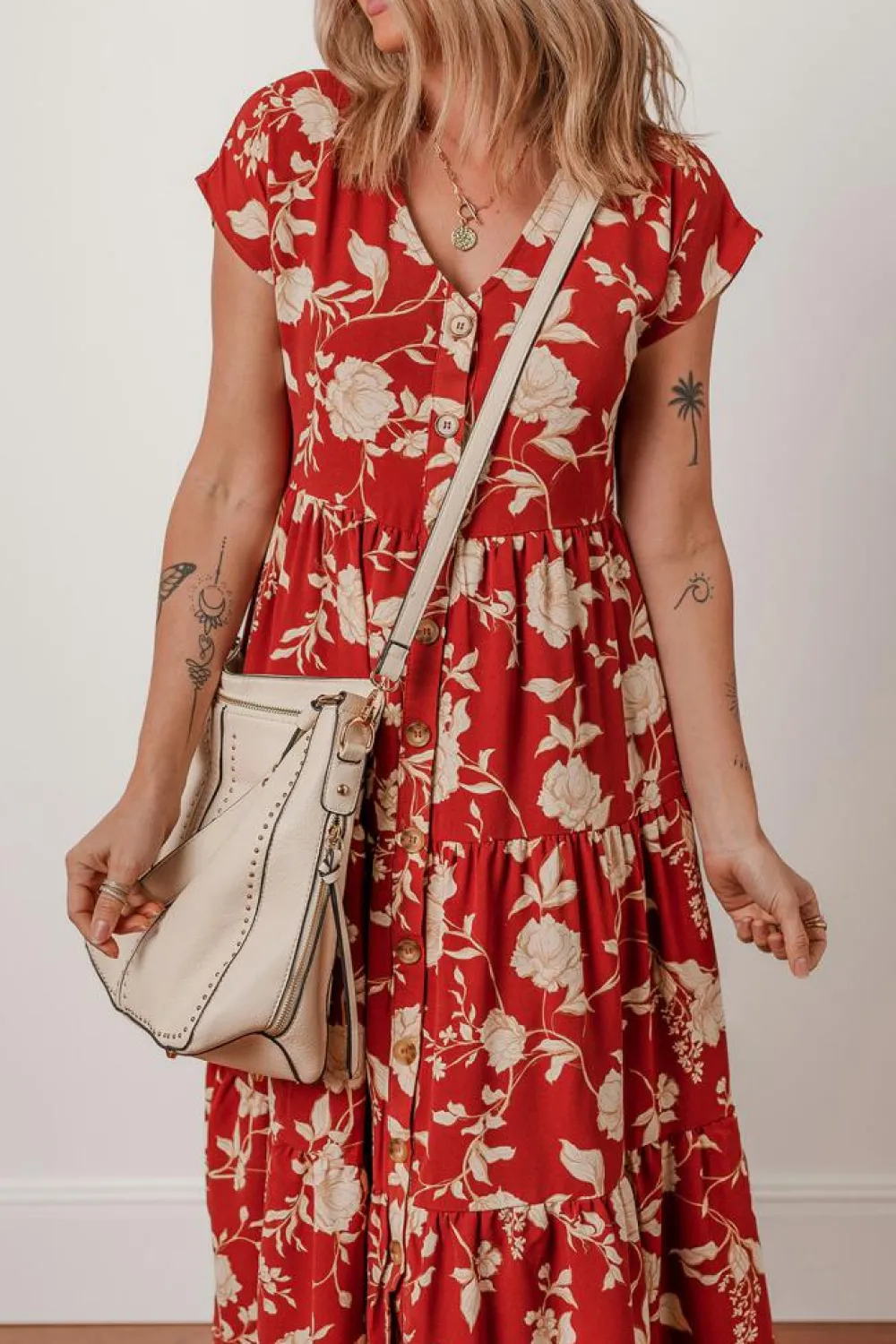 Online Dear-Lover Floral Print Buttoned Front V Neck Tie Short Sleeve Midi Dress Red