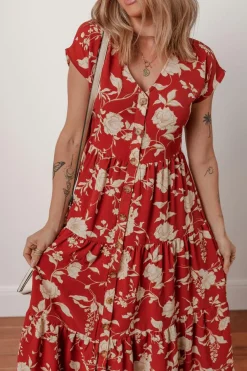 Online Dear-Lover Floral Print Buttoned Front V Neck Tie Short Sleeve Midi Dress Red
