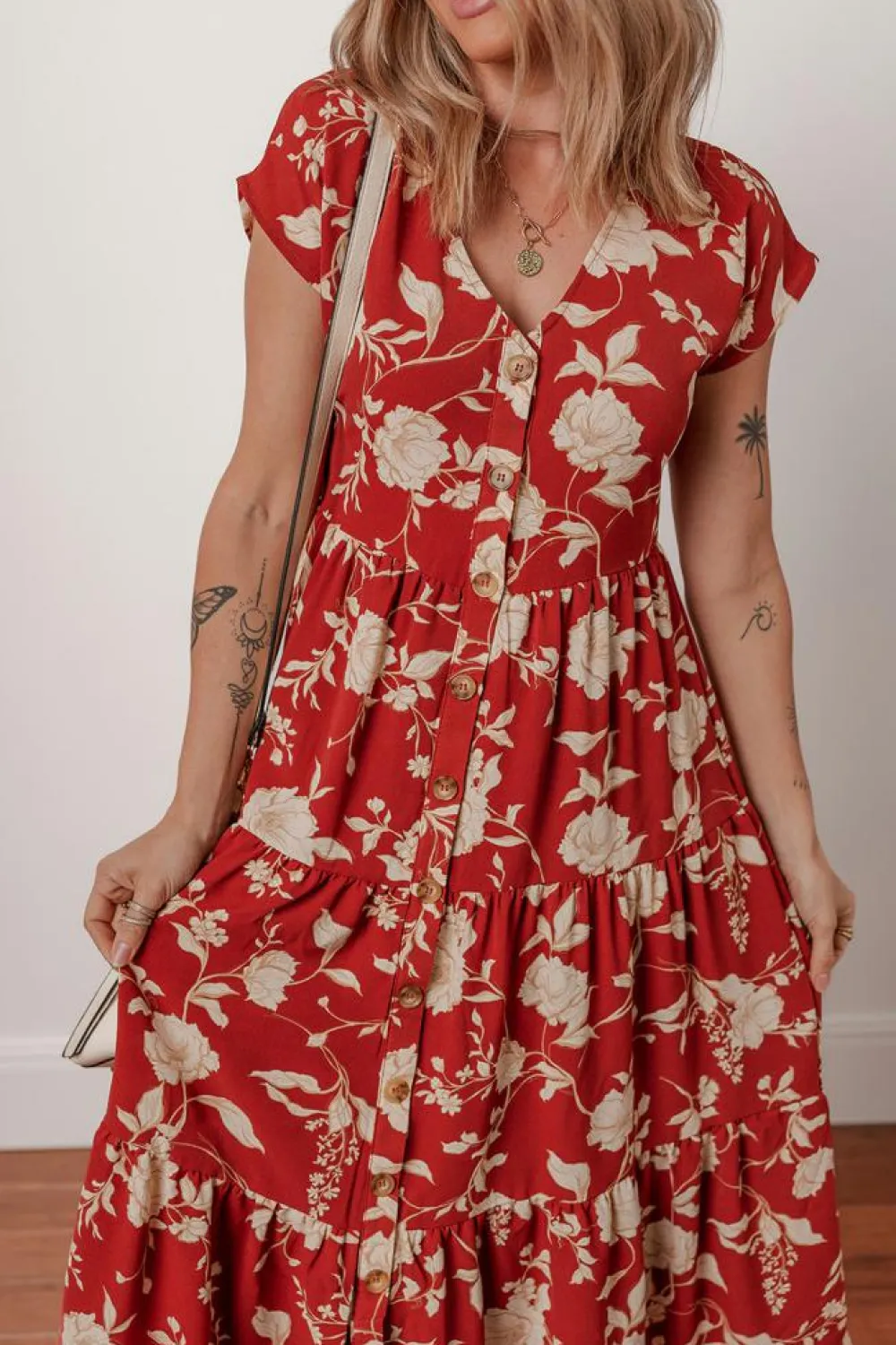Online Dear-Lover Floral Print Buttoned Front V Neck Tie Short Sleeve Midi Dress Red