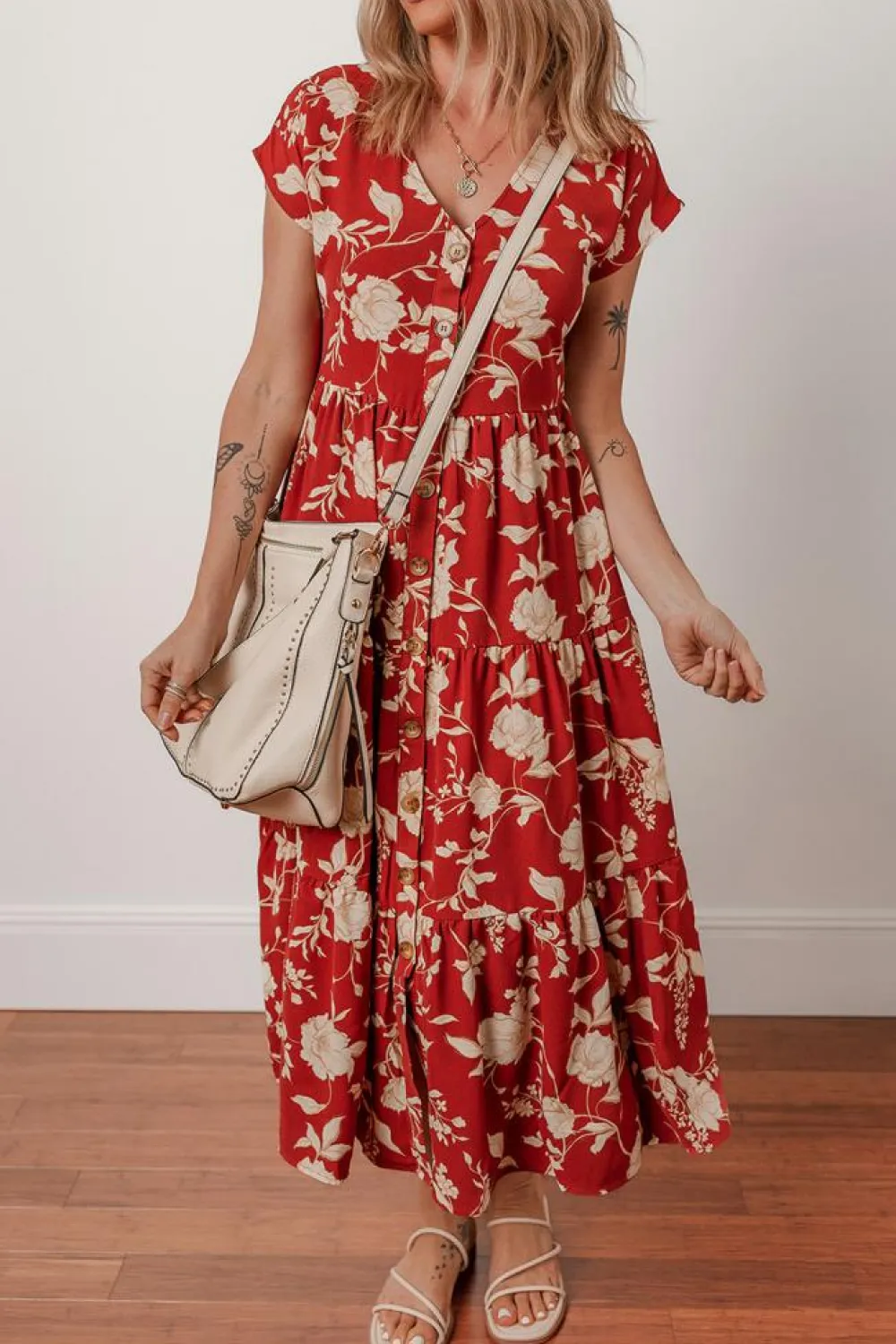 Online Dear-Lover Floral Print Buttoned Front V Neck Tie Short Sleeve Midi Dress Red