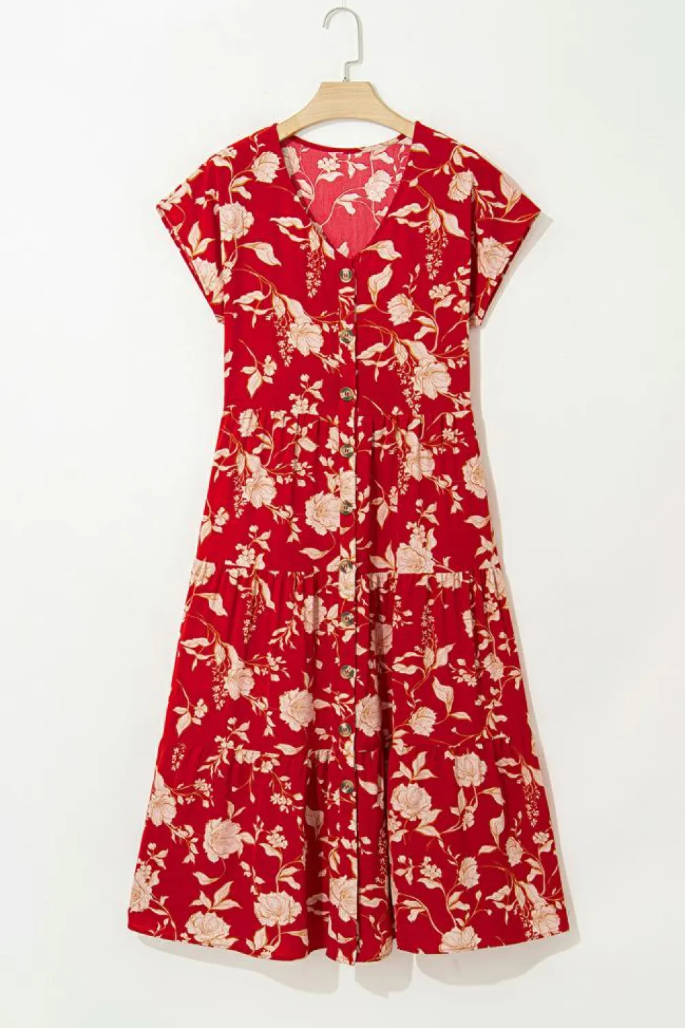Online Dear-Lover Floral Print Buttoned Front V Neck Tie Short Sleeve Midi Dress Red