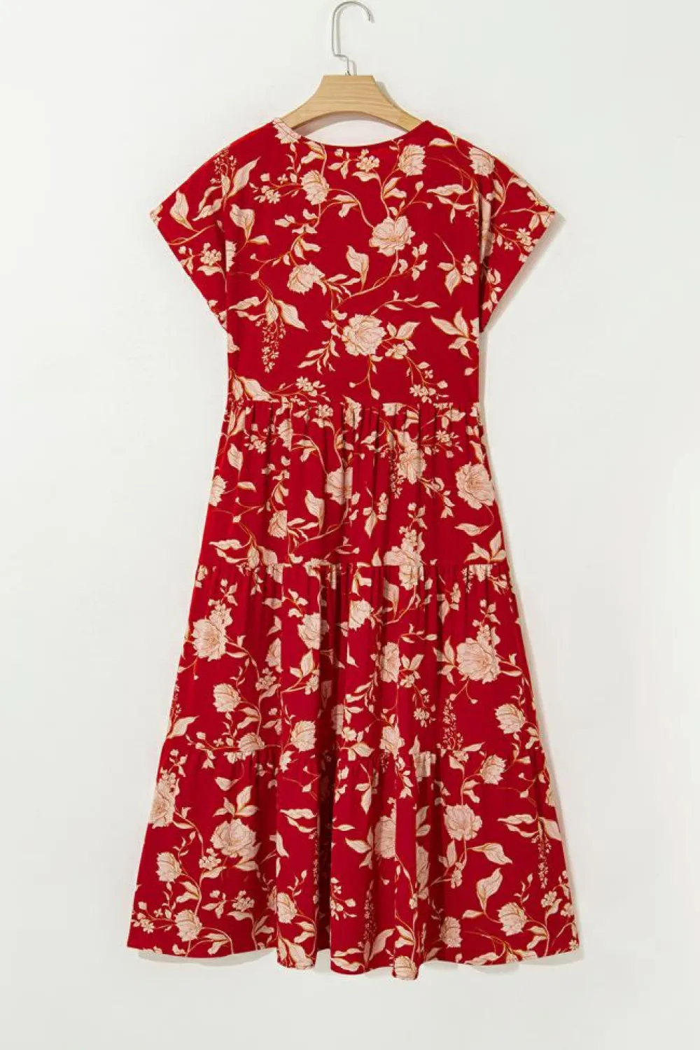 Online Dear-Lover Floral Print Buttoned Front V Neck Tie Short Sleeve Midi Dress Red