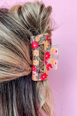 Hot Dear-Lover Floral Print Clear Plastic Square Hair Claw Clip Red