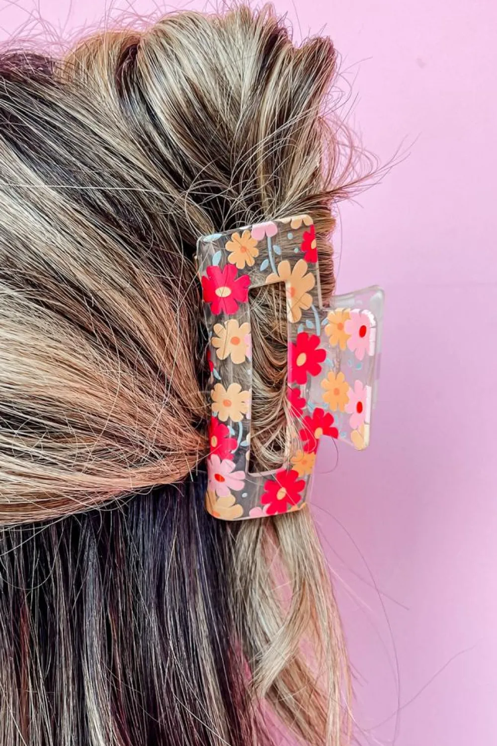 Hot Dear-Lover Floral Print Clear Plastic Square Hair Claw Clip Red