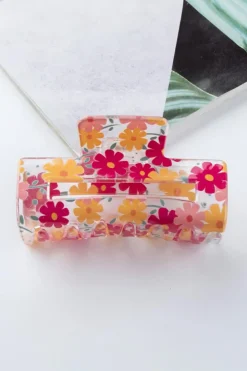 Hot Dear-Lover Floral Print Clear Plastic Square Hair Claw Clip Red
