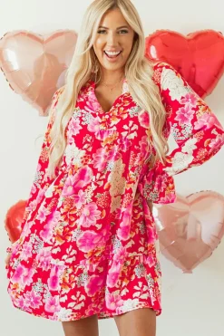 Clearance Dear-Lover Floral Print High Waist V Neck Babydoll Mini Dress Red