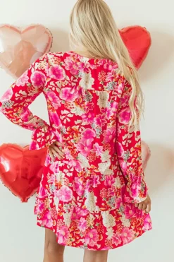 Clearance Dear-Lover Floral Print High Waist V Neck Babydoll Mini Dress Red