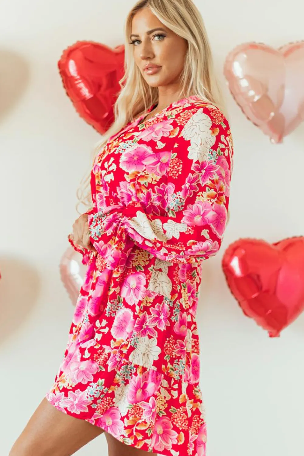 Clearance Dear-Lover Floral Print High Waist V Neck Babydoll Mini Dress Red