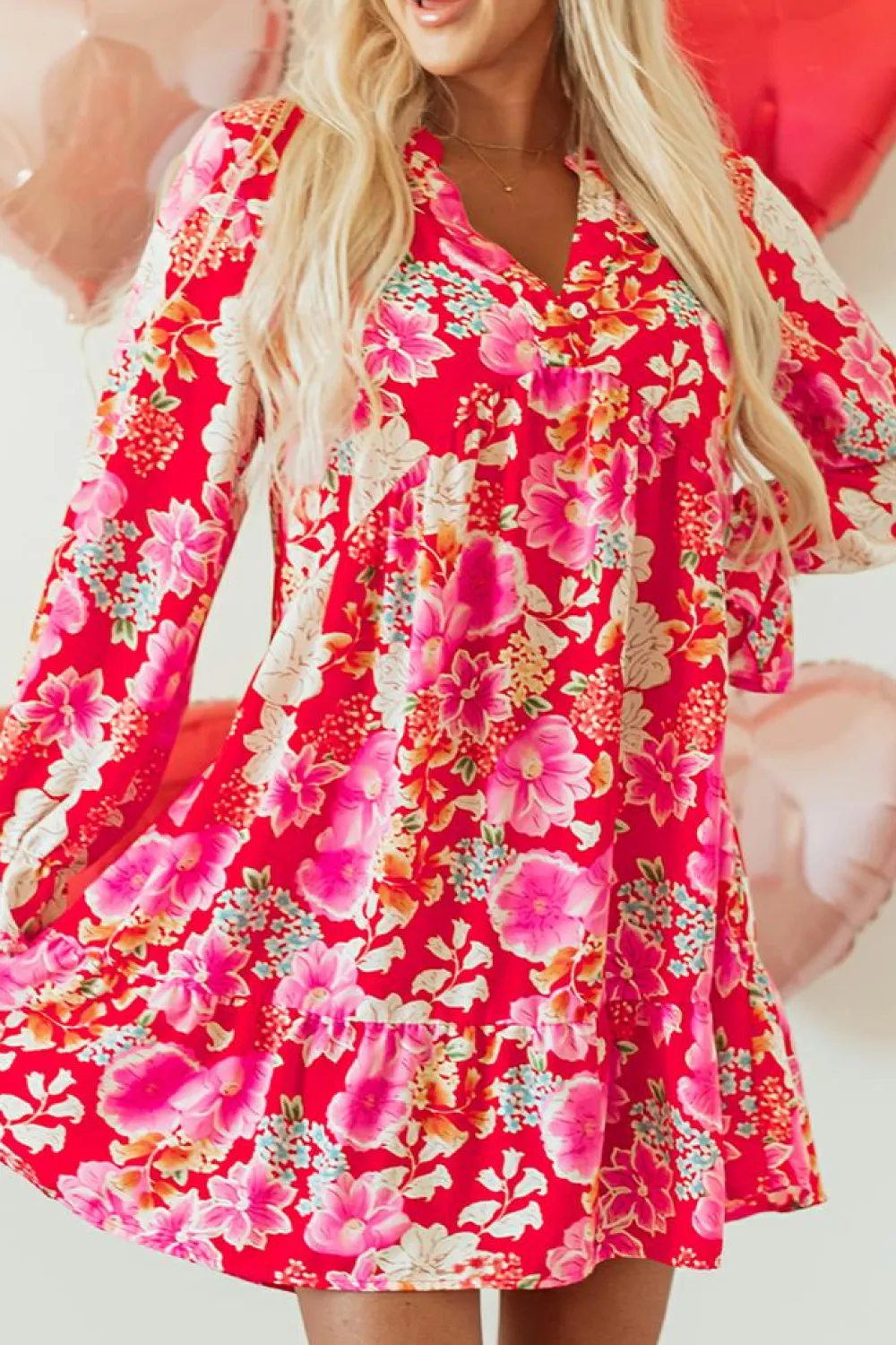 Clearance Dear-Lover Floral Print High Waist V Neck Babydoll Mini Dress Red