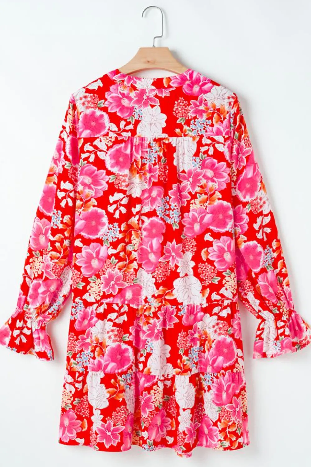 Clearance Dear-Lover Floral Print High Waist V Neck Babydoll Mini Dress Red