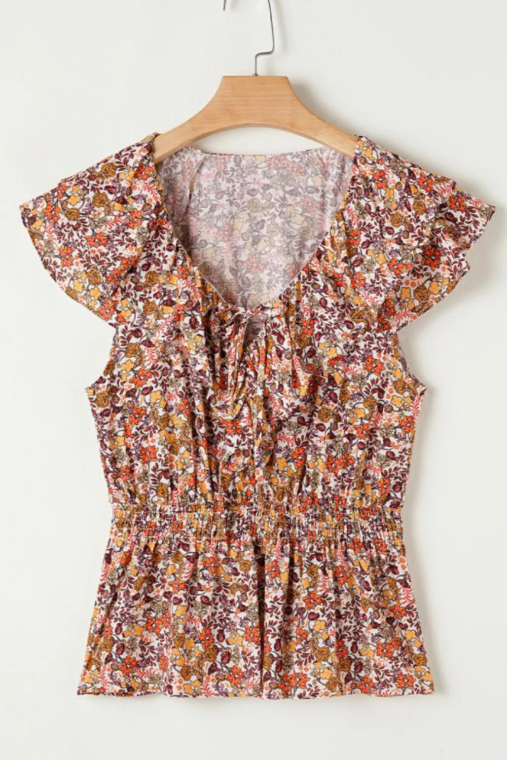 Clearance Dear-Lover Floral Print Knot V Neck Ruffled Sleeve Blouse Red