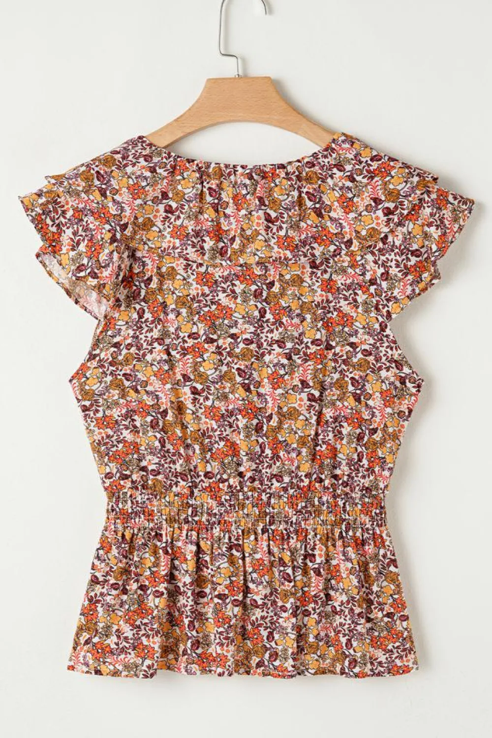 Clearance Dear-Lover Floral Print Knot V Neck Ruffled Sleeve Blouse Red