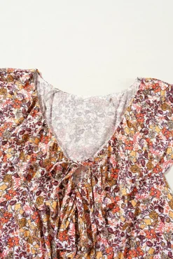 Clearance Dear-Lover Floral Print Knot V Neck Ruffled Sleeve Blouse Red