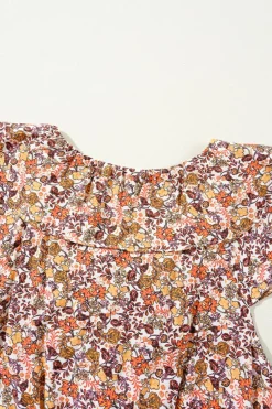 Clearance Dear-Lover Floral Print Knot V Neck Ruffled Sleeve Blouse Red