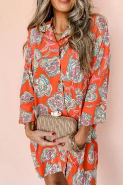 New Dear-Lover Floral Print Lapel Collar Loose Shirt Mini Dress Red