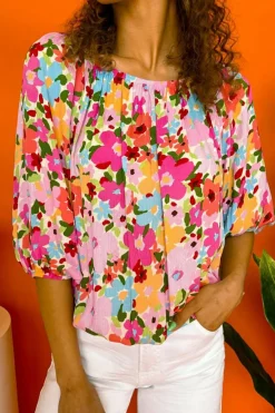 Online Dear-Lover Floral Print Puff Sleeve Pleated Elastic Neckline Blouse Red