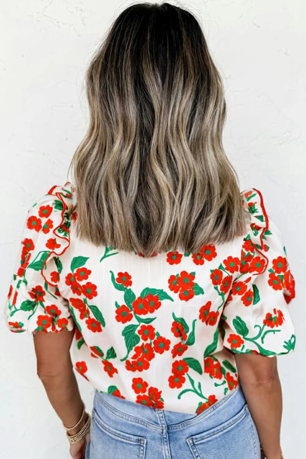 Fashion Dear-Lover Floral Print Ruffled Puff Sleeve Elegant Summer Shirt Red
