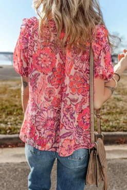 Hot Dear-Lover Floral Print Ruffled Puff Short Sleeve Blouse Red