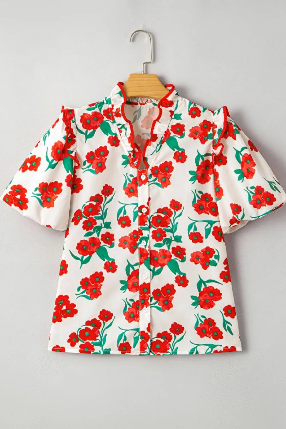 Fashion Dear-Lover Floral Print Ruffled Puff Sleeve Elegant Summer Shirt Red