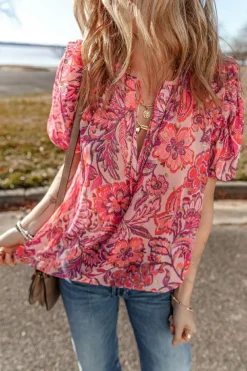 Hot Dear-Lover Floral Print Ruffled Puff Short Sleeve Blouse Red