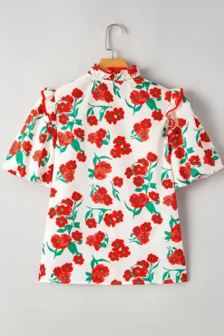 Fashion Dear-Lover Floral Print Ruffled Puff Sleeve Elegant Summer Shirt Red